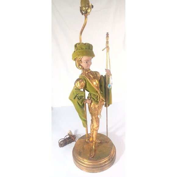 Vtg 40" MCM Italian Pixie Elf Statue Table Floor Lamp Torchiere Green Gold Leaf - Picture 15 of 16